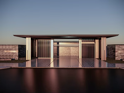 Modern Luxury Entrance Gate With Metal Grilles Stone Walls And Water Reflection 3d model
