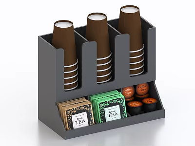 Grey Cup Holder Organizer with Stacked Brown Cups Tea Bags and Coffee Pods 3d model