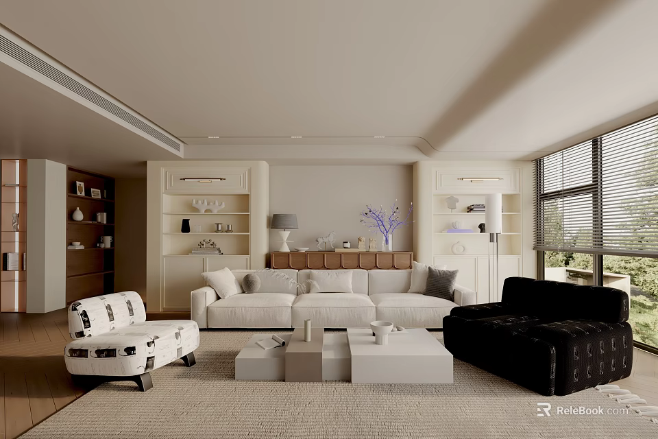 Modern Living Room Interior Design With White Black Sofas Coffee Tables Bookshelves And Windows 3d model 