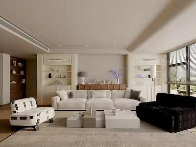 Modern Living Room Interior Design With White Black Sofas Coffee Tables Bookshelves And Windows 3d model
