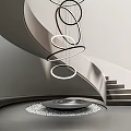 Sleek Modern Spiral Staircase With Multiple Hanging Circular Rings And Pebble Decorated Platform