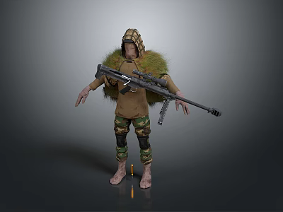 Camouflage Sniper Character With Green Leaf Disguise And Long Sniper Rifle 3d model