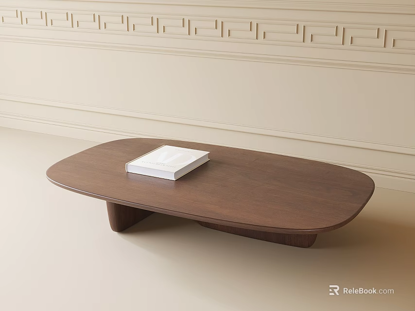 Oval Wooden Coffee Table With White Book On Light Colored Walls And Floor Background 3d model 