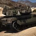 Military Tank Parked On Dirt Road With Trees And Distant Buildings