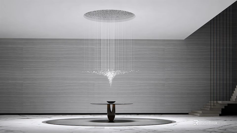 Contemporary Chandelier With Vertical Light Strings Above Round Table In Gray Room 3d model 
