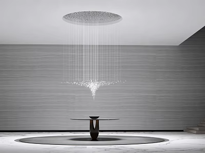 Contemporary Chandelier With Vertical Light Strings Above Round Table In Gray Room 3d model