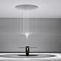 Contemporary Chandelier With Vertical Light Strings Above Round Table In Gray Room