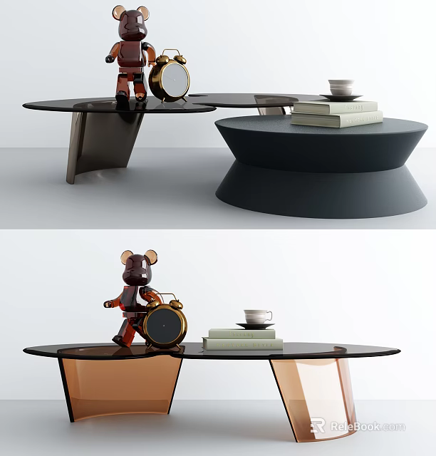 Modern Coffee Table Design With Teddy Bear Clock Books and Cup 3d model