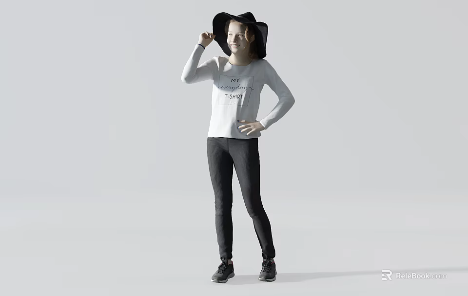 Woman Wearing Black Hat White Long Sleeve Top Black Pants Posing with Hand on Hip 3d model 