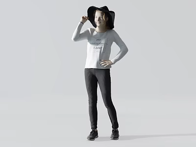 Woman Wearing Black Hat White Long Sleeve Top Black Pants Posing with Hand on Hip 3d model