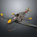 Green Body Passenger Airplane with Yellow Nose Wing Tips Twin Wings Cockpit Gray Background Reflection