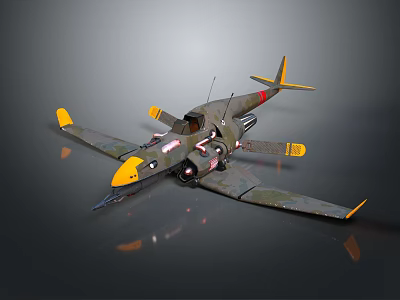 Green Body Passenger Airplane with Yellow Nose Wing Tips Twin Wings Cockpit Gray Background Reflection 3d model