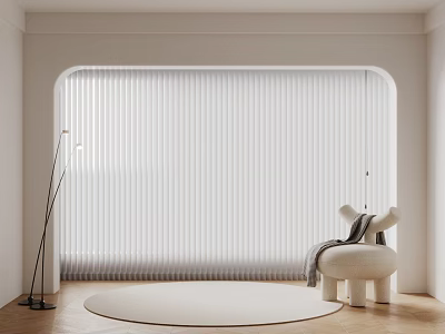 White Blinds In Modern Living Room With Floor Lamp Accent Chair And Round Rug 3d model