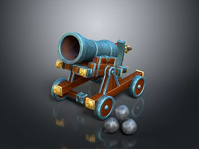 Antique Cannon With Blue Metal Barrel Wooden Carriage And Iron Cannonballs 3d model