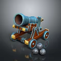 Antique Cannon With Blue Metal Barrel Wooden Carriage And Iron Cannonballs