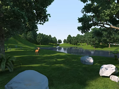 Scenic Lush Green Meadow With Deer By Calm Lake And Tall Trees Near Rocks 3d model