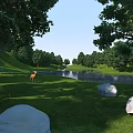 Scenic Lush Green Meadow With Deer By Calm Lake And Tall Trees Near Rocks