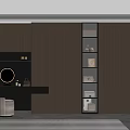 Modern Dressing Area Interior With Black Table Open Shelf Mirror And Wooden Wall 3d model