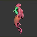 Cheerful Green Skinned Mermaid 3D Character With Pink Hair Tail And Waving Hand
