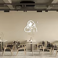 Minimalist Modern Cafe Interior With Wooden Counter Coffee Machine Shelves Tables And Chairs