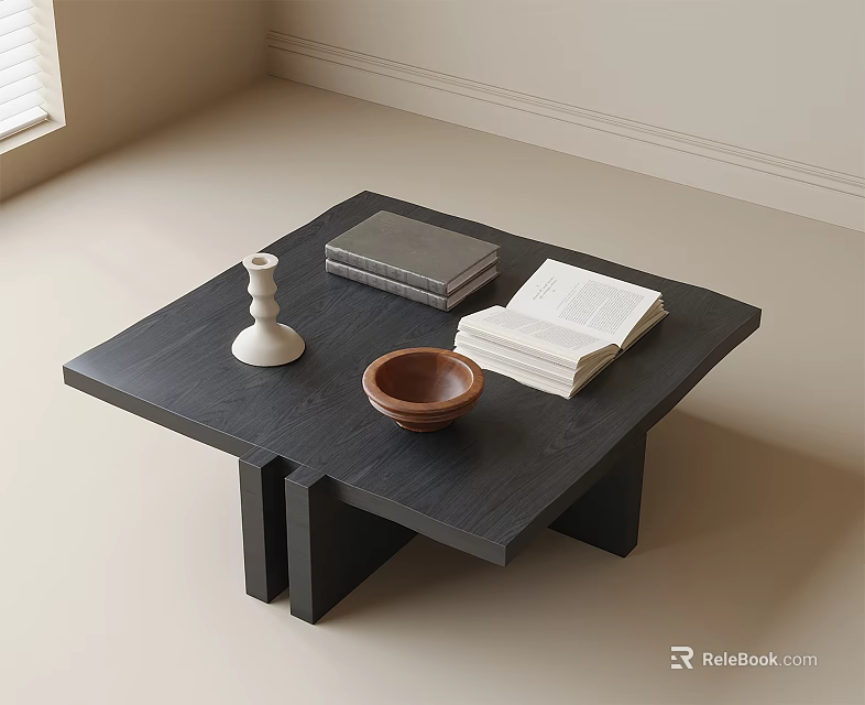 Modern Black Coffee Table With White Candle Holder Open Book Brown Bowl And Geometric Legs 3d model 