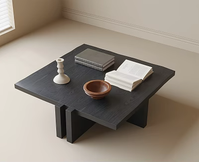 Modern Black Coffee Table With White Candle Holder Open Book Brown Bowl And Geometric Legs 3d model