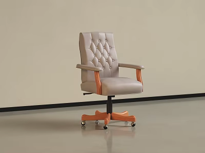Beige Diamond Tufted Office Chair With Wooden Armrests And Orange Casters 3d model