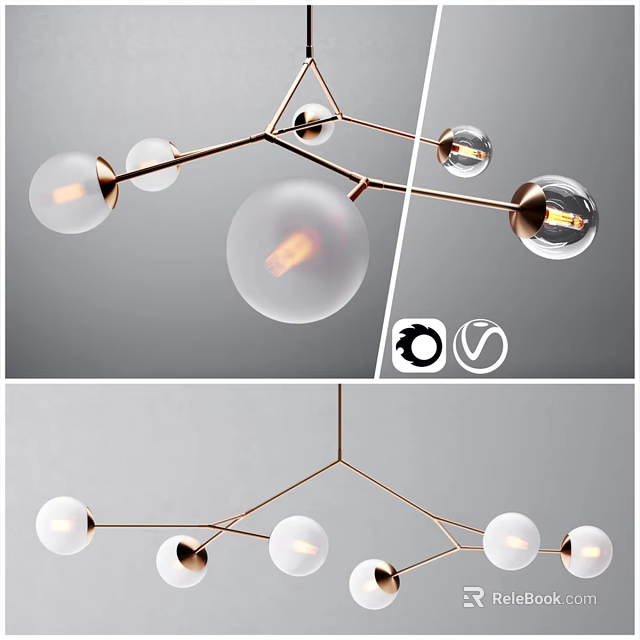 Modern Minimalist Chandelier With Spherical Clear Frosted Glass Bulbs And Brass Frame 3d model 
