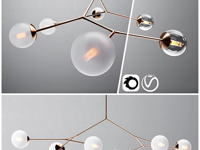 Modern Minimalist Chandelier With Spherical Clear Frosted Glass Bulbs And Brass Frame 3d model