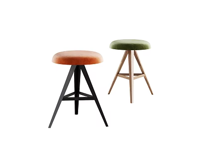 Two Modern Stools With Orange And Green Velvet Seats Black Metal And Wooden Legs 3d model