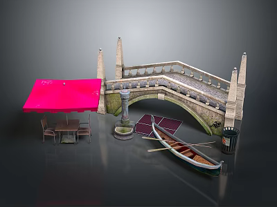 Scenic Outdoor Setting With Stone Bridge Red Umbrella Table Chairs And Gondola 3d model