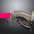 Scenic Outdoor Setting With Stone Bridge Red Umbrella Table Chairs And Gondola