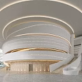 Modern Service Hall Interior With Circular Structure Lighting Staircase Marble Floor And Wooden Walls
