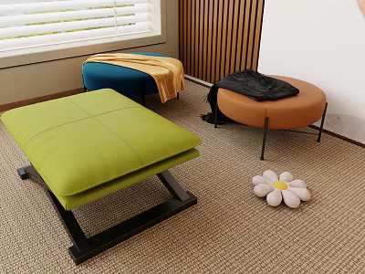Footstools in Green Blue Orange with Square Round Shapes Blanket Clothing on Carpet and Flower 3d model