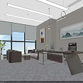 Modern Office Interior With Large Windows Blinds Plants Sofa Desk Computer And Wall Painting 3d model