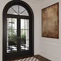 Black Arched Double Door With Glass Panes Golden Handles And Green Plants View