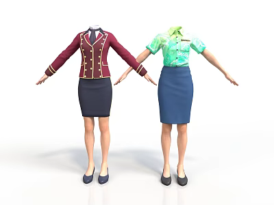 Stylish Women's Clothing Sets With Burgundy Vest Black Skirt Green Shirt And Blue Skirt 3d model