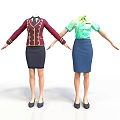 Stylish Women's Clothing Sets With Burgundy Vest Black Skirt Green Shirt And Blue Skirt