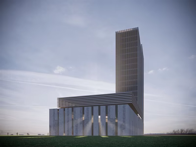Modern High Rise Office Building With Glass Curtain Wall And Green Lawn Surroundings 3d model