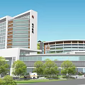 Modern Hospital Building Exterior Design With Green Trees And Vehicles Nearby