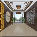 Chinese Style Corridor Interior With Wooden Decor Reception Desk And Ceiling Patterns 3d model