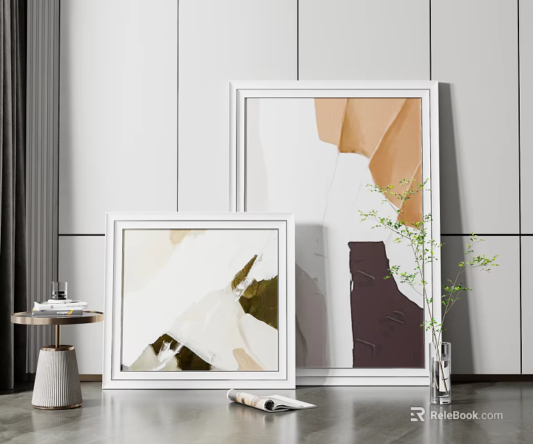 Modern Interior With White Framed Artworks Small Table And Green Plants 3d model 
