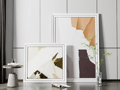 Modern Interior With White Framed Artworks Small Table And Green Plants 3d model