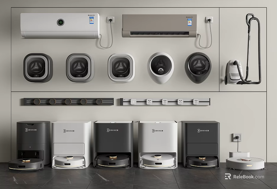 Modern Daily Use Electrical Appliances Display With Air Conditioners Robot Vacuums And Vacuum Cleaners 3d model 