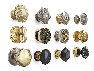 Different Decorative Door Knobs with Brass Silver Black Metal Finishes and Ornate Geometric Shapes 3d model
