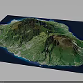 Island Terrain 3D Model with Mountainous Landforms Coastal Areas Green Vegetation and Blue Ocean