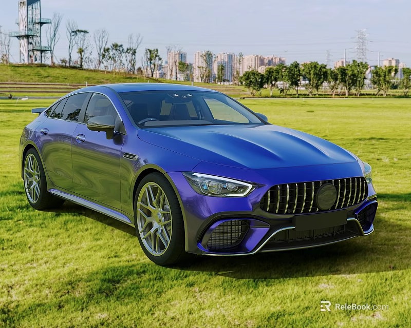 Blue Mercedes AMG Car Parked on Green Grass with City Skyline and Trees 3d model 