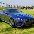 Blue Mercedes AMG Car Parked on Green Grass with City Skyline and Trees