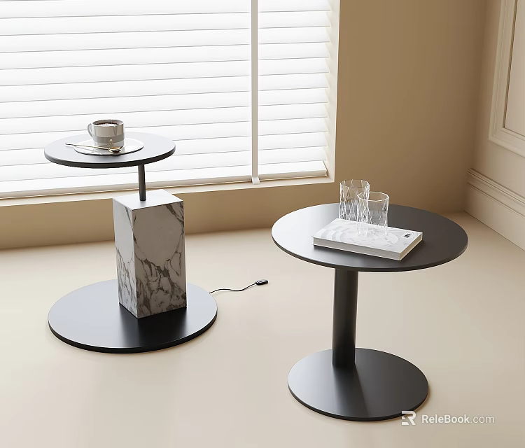 Modern Side Tables With Marble Column And Black Stand Holding Coffee Cup Glasses And Book 3d model 