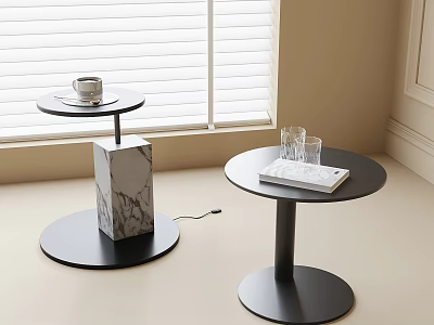 Modern Side Tables With Marble Column And Black Stand Holding Coffee Cup Glasses And Book 3d model